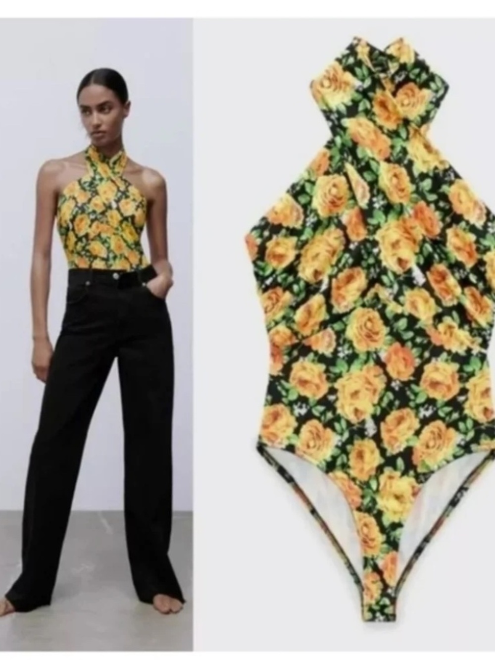 Zara Floral Halter Neck Bodysuit Yellow Black Green (large) (new with tags)